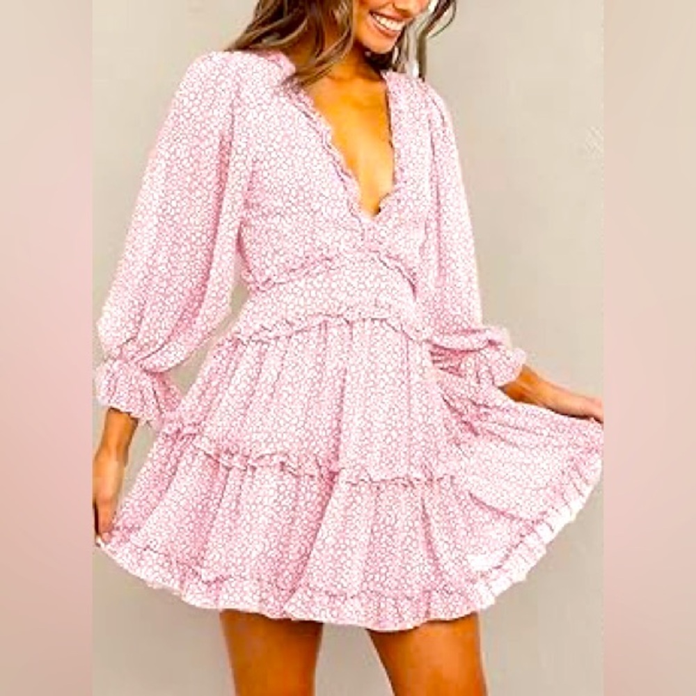 Dokotoo Womens Deep V Neck Long Sleeve Backless Ruffle Floral Flowy Mini Dress S